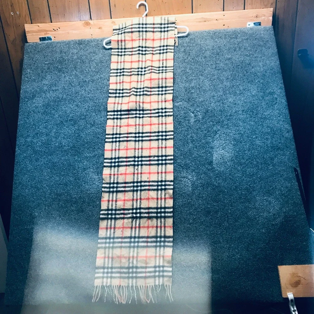 Burberry Nova Check Scarf Unisex OS Beige Distressed Fringed Vintage Plaid READ